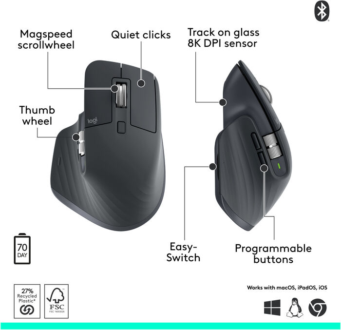 Logitech MX Master 3S þráðlaus tölvumús - Dökkgrá