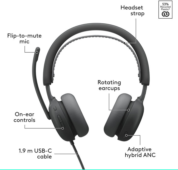 Logitech Zone Wired 2 leikjaheyrnartól - Svört