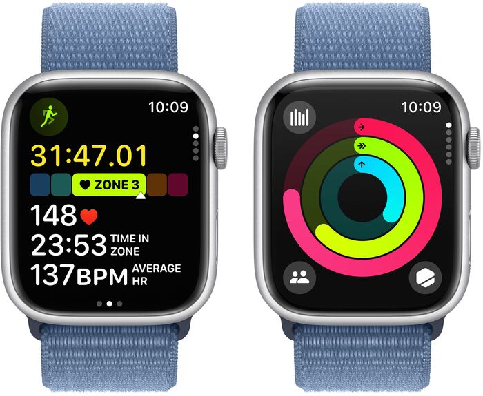 Apple Watch Series 9 GPS 45mm - Silfur/Ljósblá Sport ól 