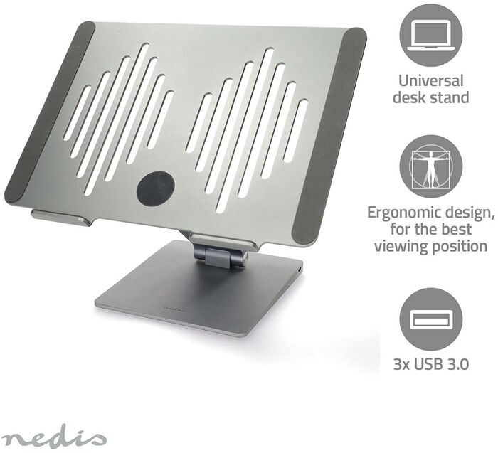 Nedis fartölvustandur með tengikví - Grár