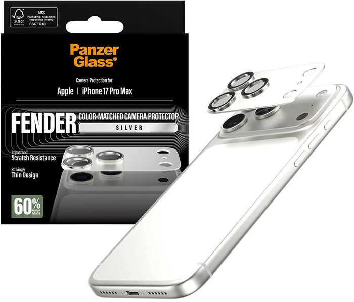 PanzerGlass iPhone 17 Pro Max FENDER linsuvörn - Silfur