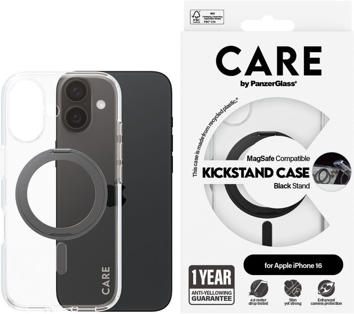 PanzerGlass Care iPhone 16 með standi - Glært / svart