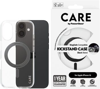 PanzerGlass Care iPhone 16 með standi - Glært / svart