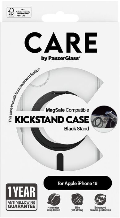 PanzerGlass Care iPhone 16 með standi - Glært / svart