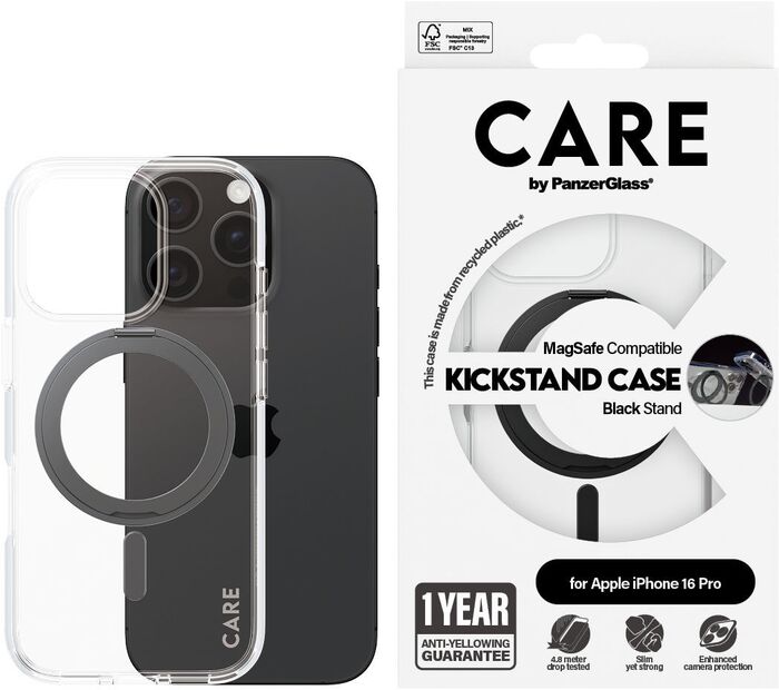 PanzerGlass Care iPhone 16 Pro með standi - Glært / svart