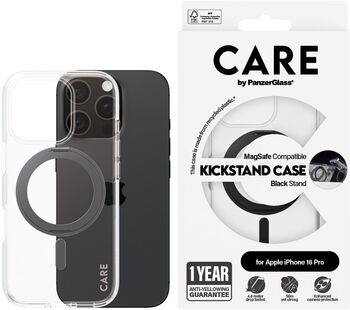 PanzerGlass Care iPhone 16 Pro með standi - Glært / svart