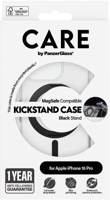 PanzerGlass Care iPhone 16 Pro með standi - Glært / svart