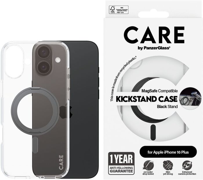 PanzerGlass Care iPhone 16 Plus með standi - Glært / svart