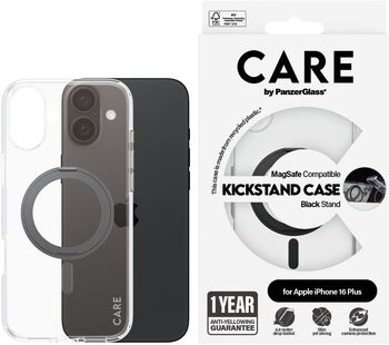 PanzerGlass Care iPhone 16 Plus með standi - Glært / svart