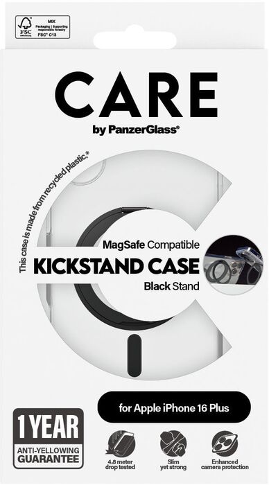PanzerGlass Care iPhone 16 Plus með standi - Glært / svart