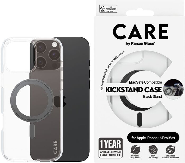 PanzerGlass Care iPhone 16 Pro Max með standi - Glært / svart