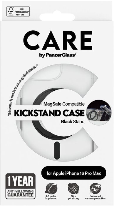 PanzerGlass Care iPhone 16 Pro Max með standi - Glært / svart
