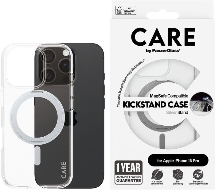 PanzerGlass Care iPhone 16 Pro með standi - Glært / silfur