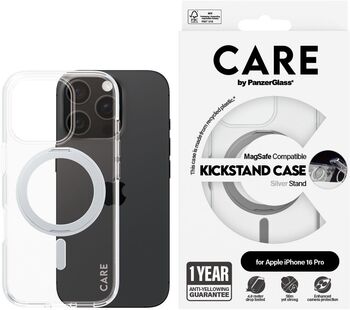PanzerGlass Care iPhone 16 Pro með standi - Glært / silfur