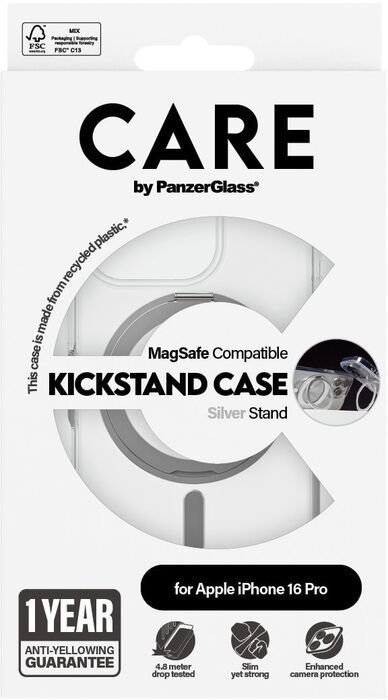 PanzerGlass Care iPhone 16 Pro með standi - Glært / silfur