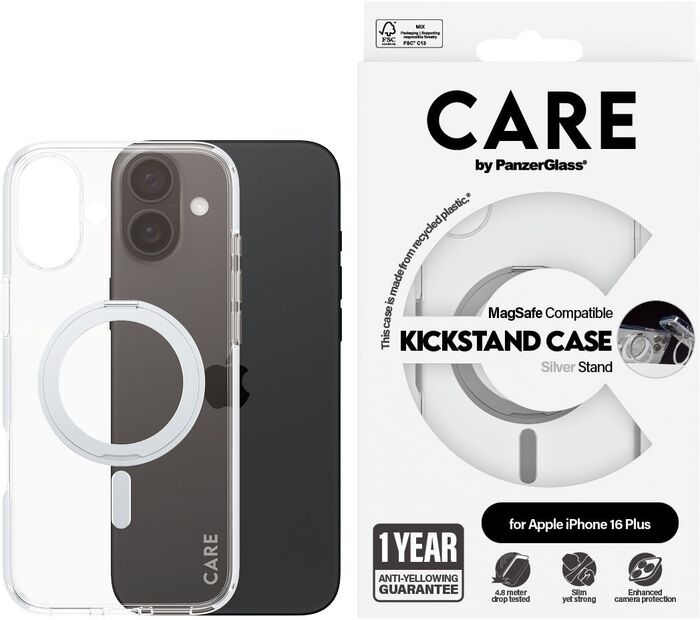 PanzerGlass Care iPhone 16 Plus með standi - Glært / Silfur