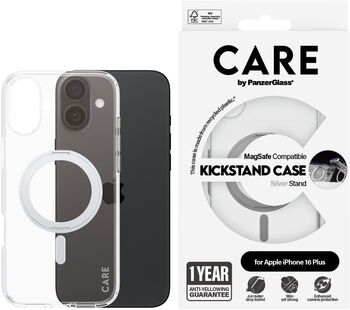 PanzerGlass Care iPhone 16 Plus með standi - Glært / Silfur