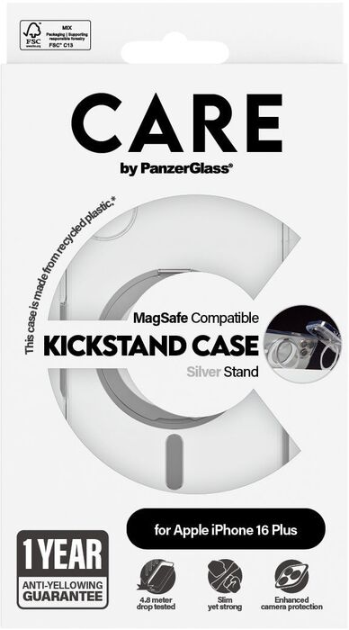 PanzerGlass Care iPhone 16 Plus með standi - Glært / Silfur