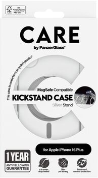 PanzerGlass Care iPhone 16 Plus með standi - Glært / Silfur
