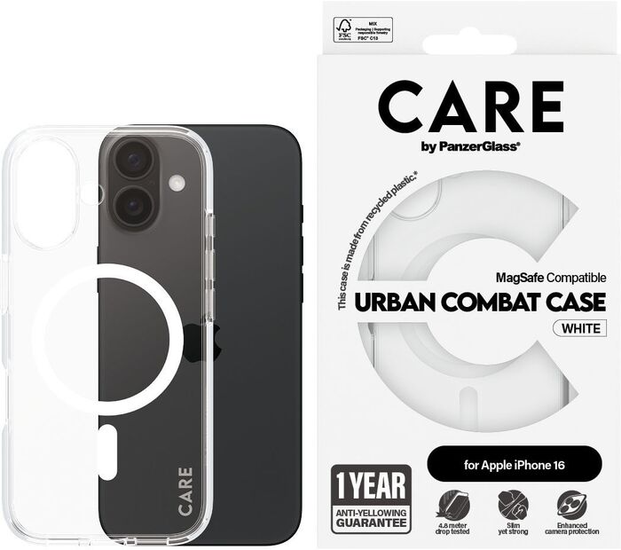 PanzerGlass Care Urban Combat iPhone 16 símahulstur - Glært / Hvítt
