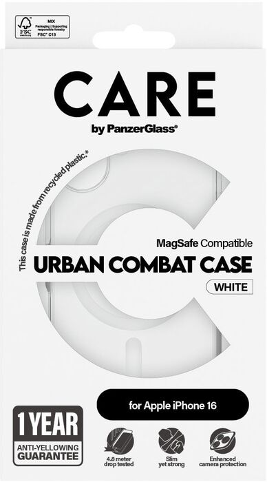 PanzerGlass Care Urban Combat iPhone 16 símahulstur - Glært / Hvítt
