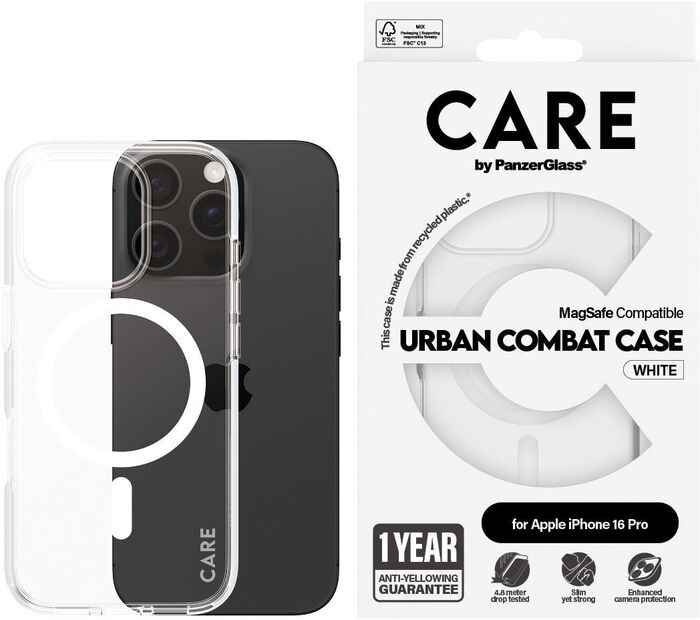 PanzerGlass Care iPhone 16 Pro Urban Combat símahulstur - Glært / hvítt