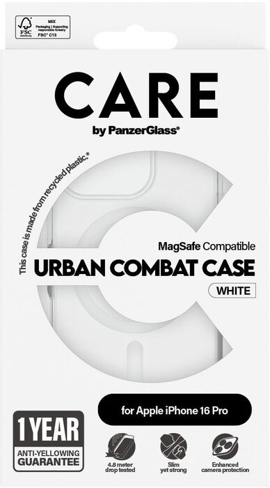 PanzerGlass Care iPhone 16 Pro Urban Combat símahulstur - Glært / hvítt