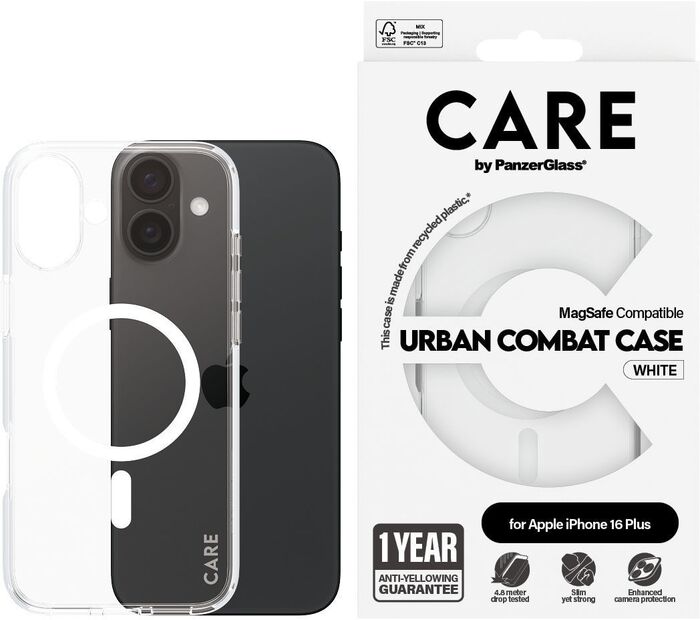 PanzerGlass Care iPhone 16 Plus Urban Combat símahulstur - Glært / hvítt