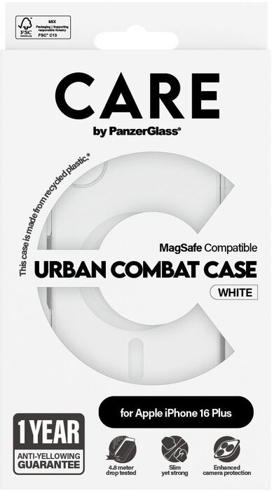PanzerGlass Care iPhone 16 Plus Urban Combat símahulstur - Glært / hvítt