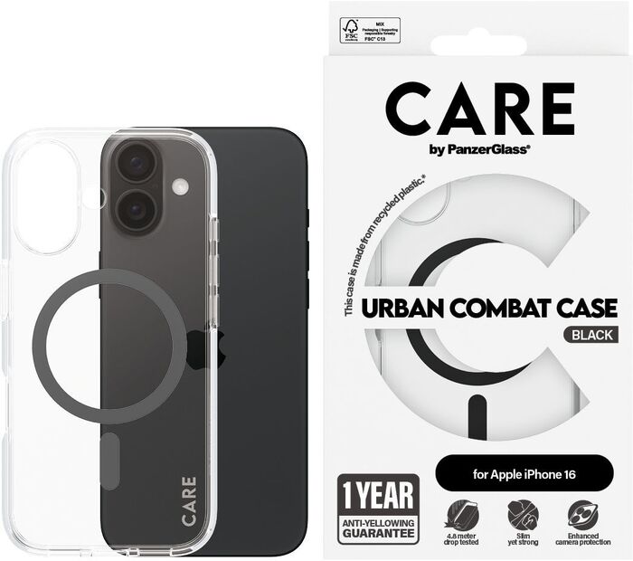 PanzerGlass Care Urban Combat iPhone 16 símahulstur - Glært / svart