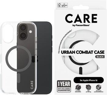 PanzerGlass Care Urban Combat iPhone 16 símahulstur - Glært / svart