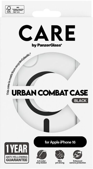 PanzerGlass Care Urban Combat iPhone 16 símahulstur - Glært / svart