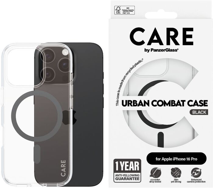 PanzerGlass Care iPhone 16 Pro Urban Combat símahulstur - Glært / svart