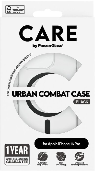PanzerGlass Care iPhone 16 Pro Urban Combat símahulstur - Glært / svart
