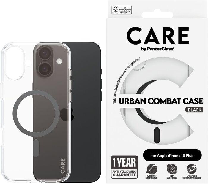 PanzerGlass Care iPhone 16 Plus Urban Combat símahulstur - Glært / svart