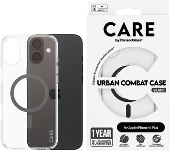 PanzerGlass Care iPhone 16 Plus Urban Combat símahulstur - Glært / svart