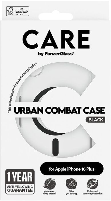 PanzerGlass Care iPhone 16 Plus Urban Combat símahulstur - Glært / svart
