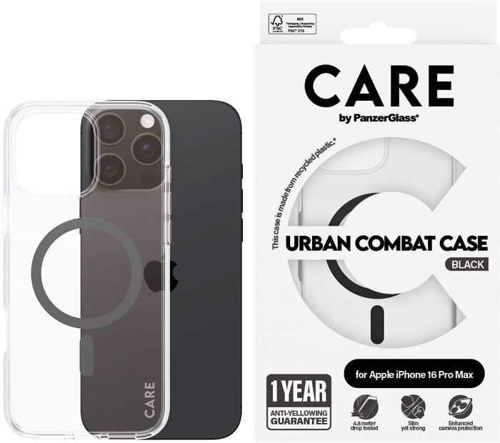 PanzerGlass Care iPhone 16 Pro Max Urban Combat símahulstur - Glært / svart