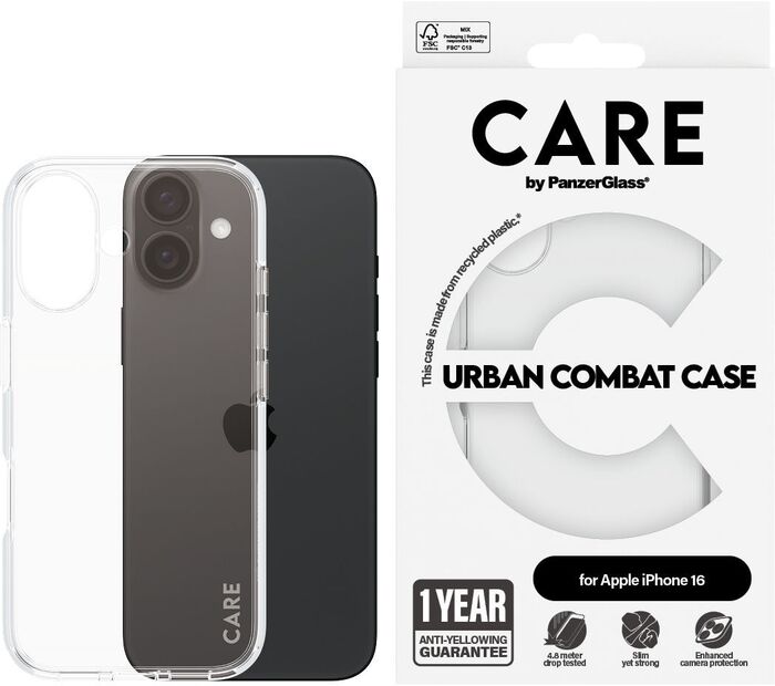 PanzerGlass Care Urban Combat iPhone 16 símahulstur - Glært