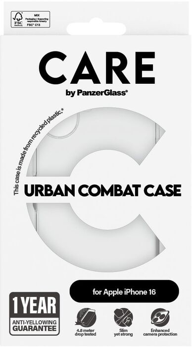 PanzerGlass Care Urban Combat iPhone 16 símahulstur - Glært