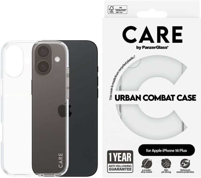PanzerGlass Care iPhone 16 Plus Urban Combat símahulstur - Glært
