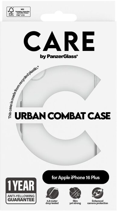 PanzerGlass Care iPhone 16 Plus Urban Combat símahulstur - Glært