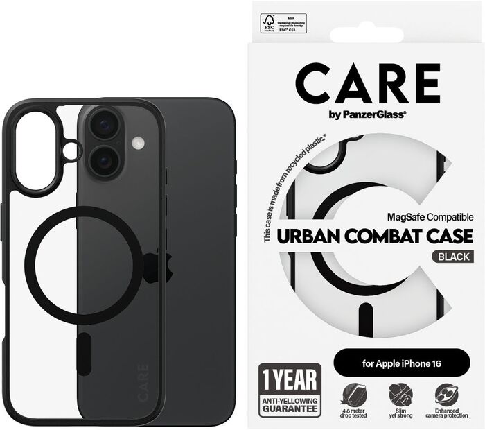 PanzerGlass Care Urban Combat iPhone 16 símahulstur - Glært / svartur rammi