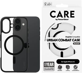PanzerGlass Care Urban Combat iPhone 16 símahulstur - Glært / svartur rammi
