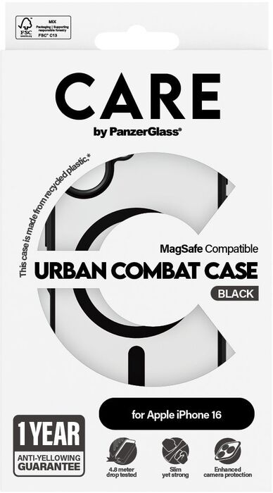 PanzerGlass Care Urban Combat iPhone 16 símahulstur - Glært / svartur rammi