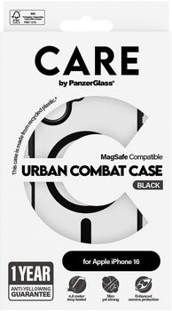 PanzerGlass Care Urban Combat iPhone 16 símahulstur - Glært / svartur rammi