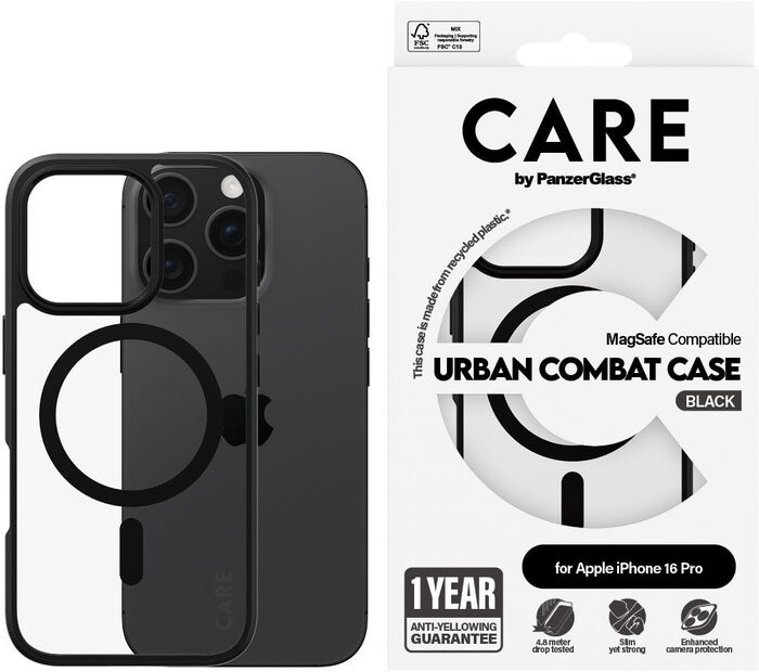 PanzerGlass Care iPhone 16 Pro Urban Combat símahulstur - Glært / svartur rammi