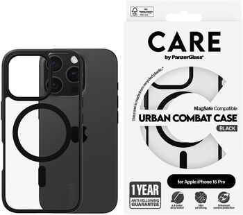 PanzerGlass Care iPhone 16 Pro Urban Combat símahulstur - Glært / svartur rammi