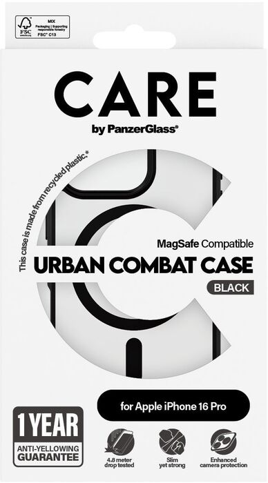 PanzerGlass Care iPhone 16 Pro Urban Combat símahulstur - Glært / svartur rammi