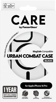 PanzerGlass Care iPhone 16 Pro Urban Combat símahulstur - Glært / svartur rammi